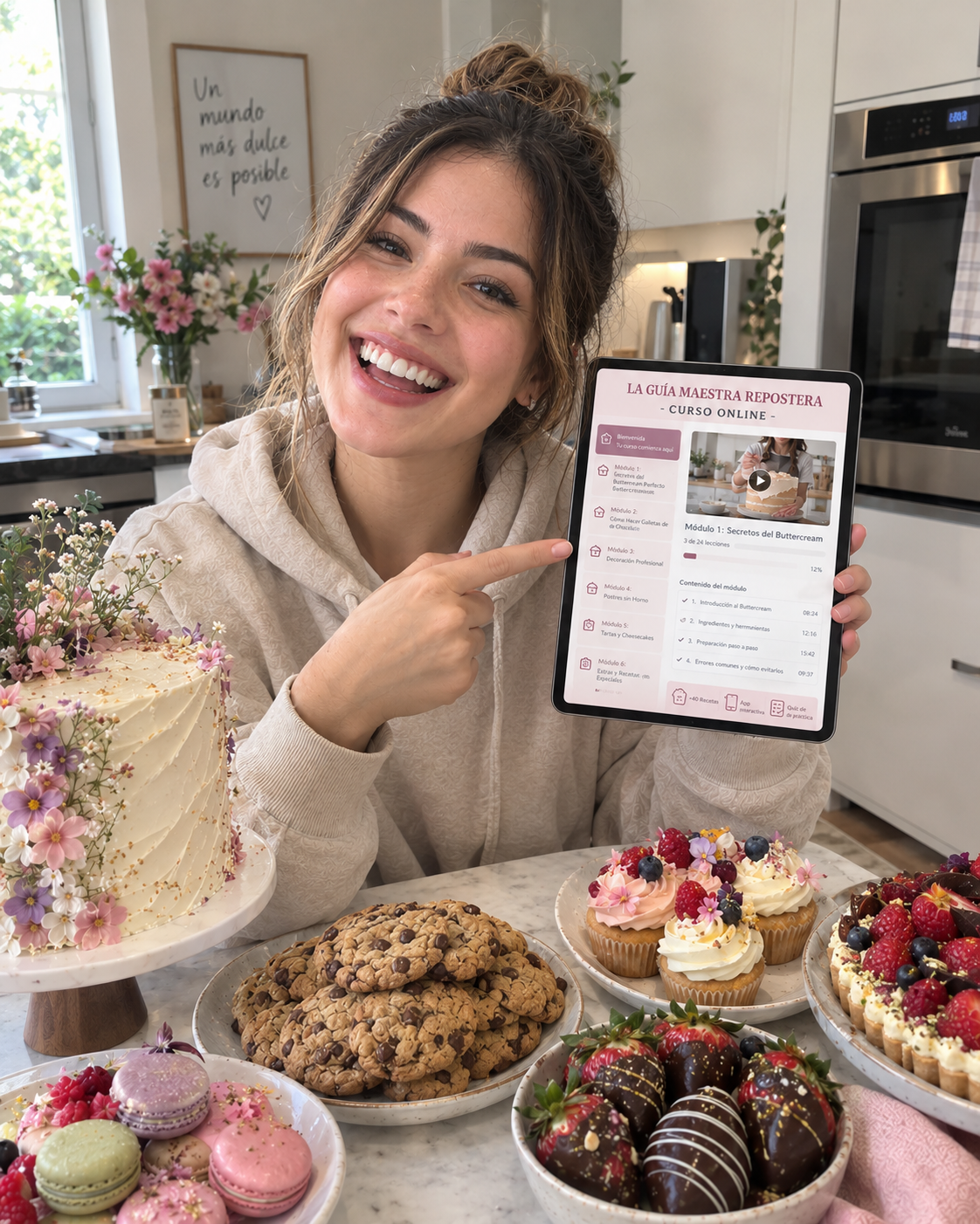 Melissa mostrando La Guía Maestra Repostera en una tablet, con pasteles, galletas y macarons sobre la mesa