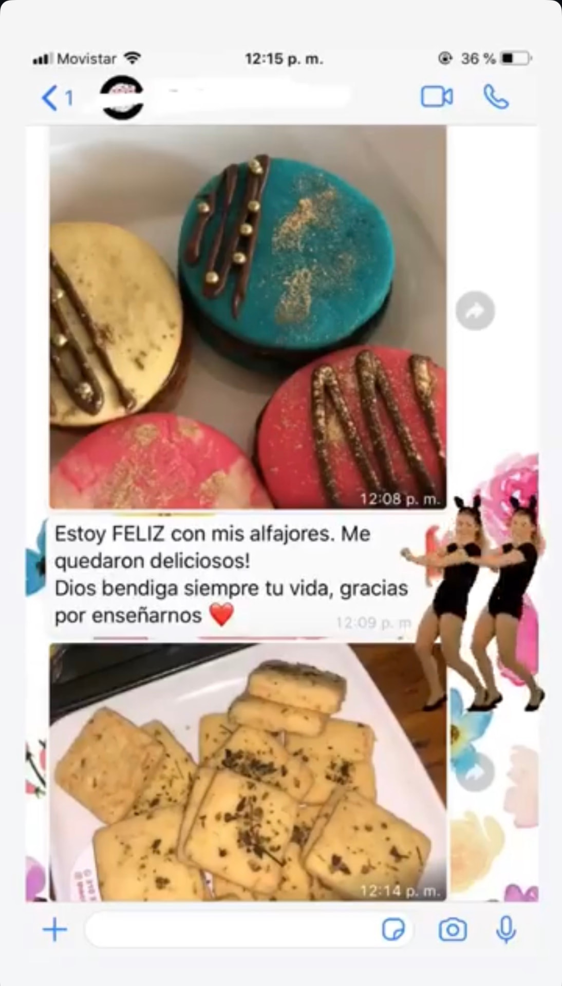 Mensaje de una alumna feliz con sus alfajores y galletas recién horneados