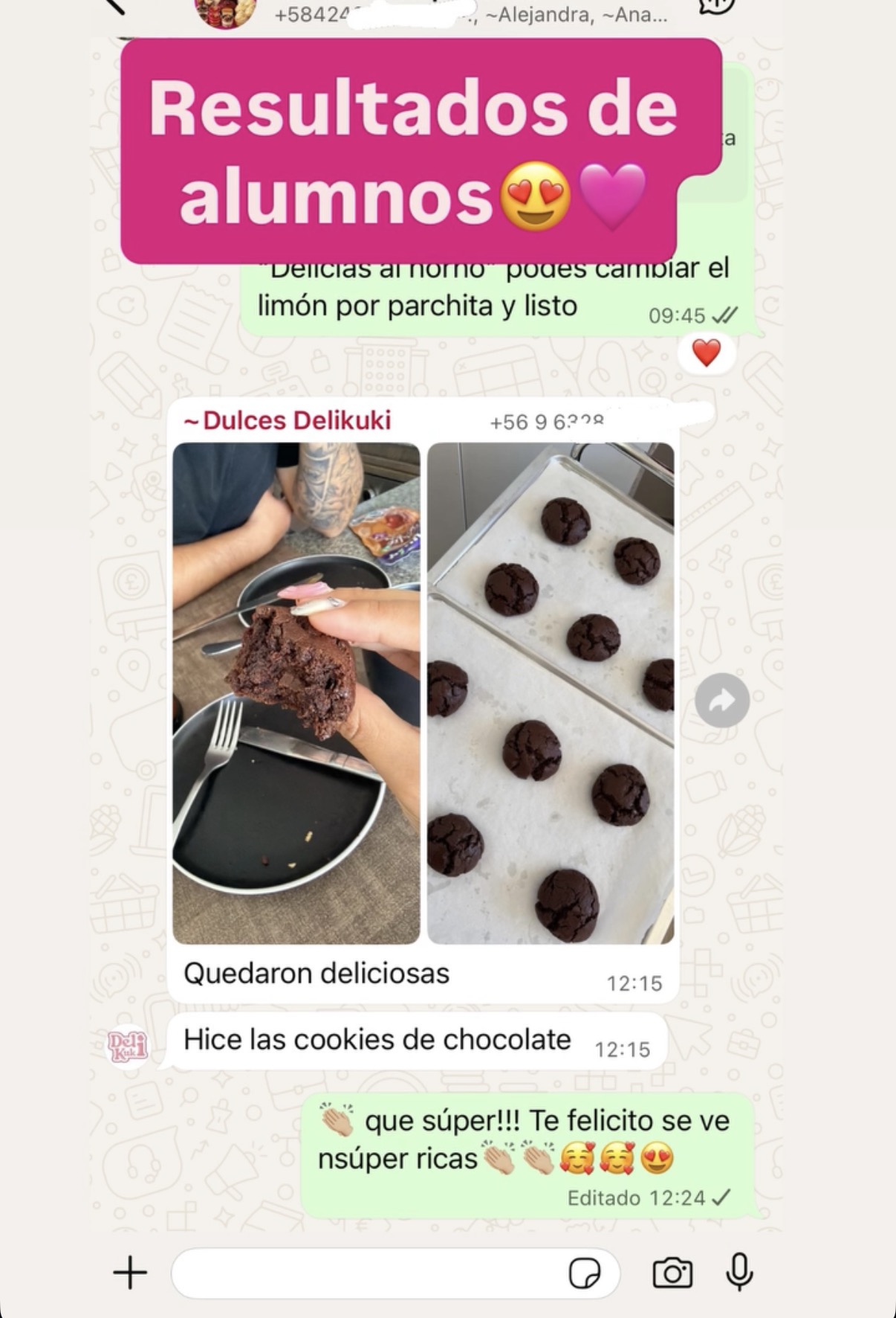 Resultados de alumnas compartiendo fotos de cookies y brownies